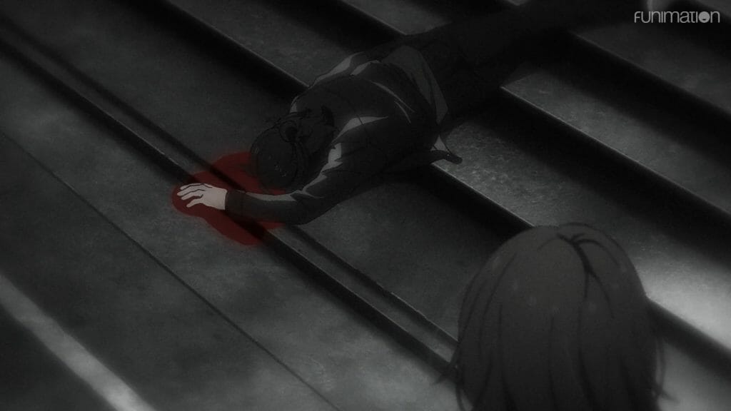 still from Ikebukuro West Gate Park episode 4, depicting a black-haired man laying face-down on a stairway, as blood spills from his head.