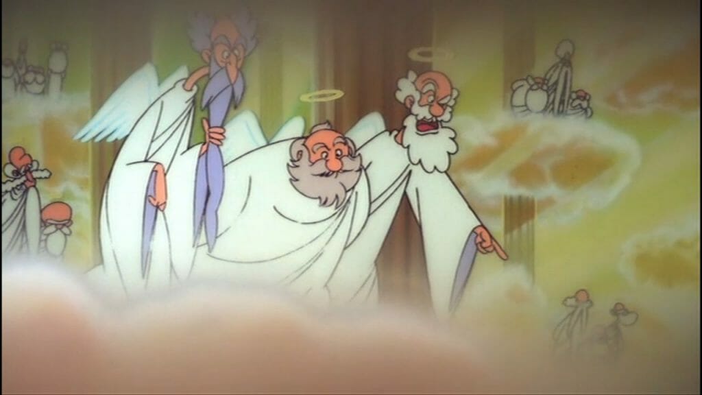 Still from The Fantastic Adventures of Unico that depicts three bearded old men in white cloaks as they glower toward the lands below them.