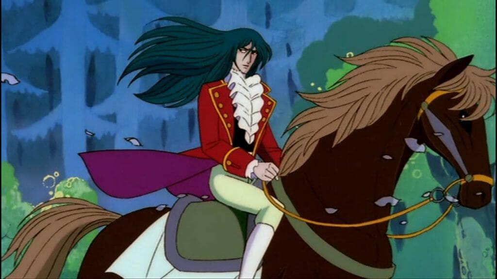 Still from The Fantastic Adventures of Unico that depicts a man with black hair and a fancy red coat as he rides a brown horse.