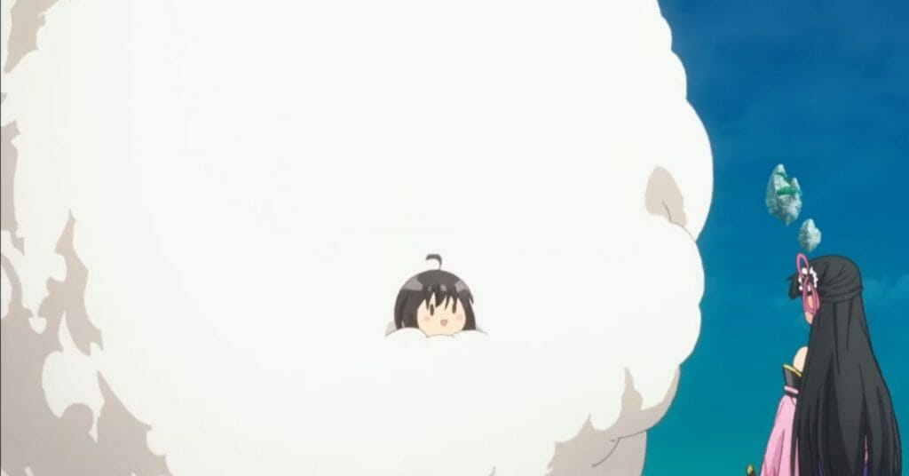 A girl with black hair stares blankly from a giant white puff as a stunned woman stares.