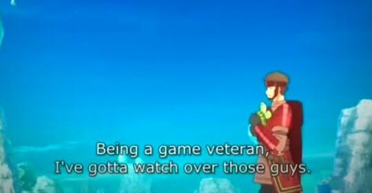 Distant side-view shot of a brown-haired man wearing red. Subtitle: "Being a game veteran, I've gotta watch over those guys."