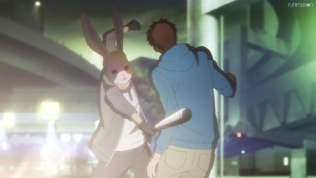 Ikebukuro West Gate Park Episode 6 that depicts a man in blue being attacked by a man wearing a mask and wielding a baseball bat.