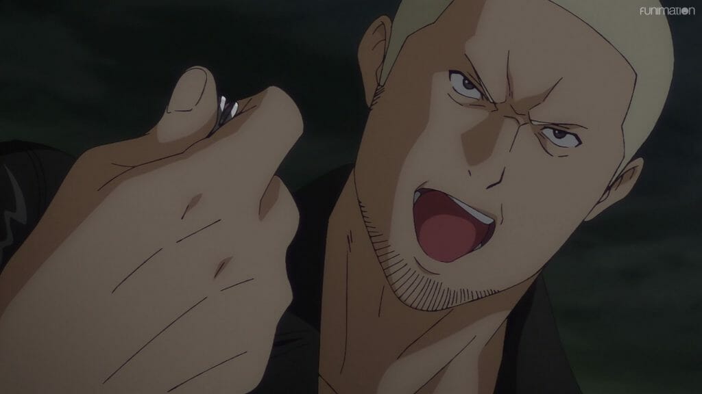 Ikebukuro West Gate Park Episode 6 that depicts a blonde man who shouts angrily as he crushes a coin in his bare hand.