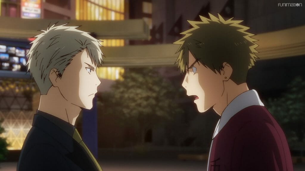 Ikebukuro West Gate Park Episode 6 that depicts a man with brown hair as he yells angrily at a blonde man in a suit.