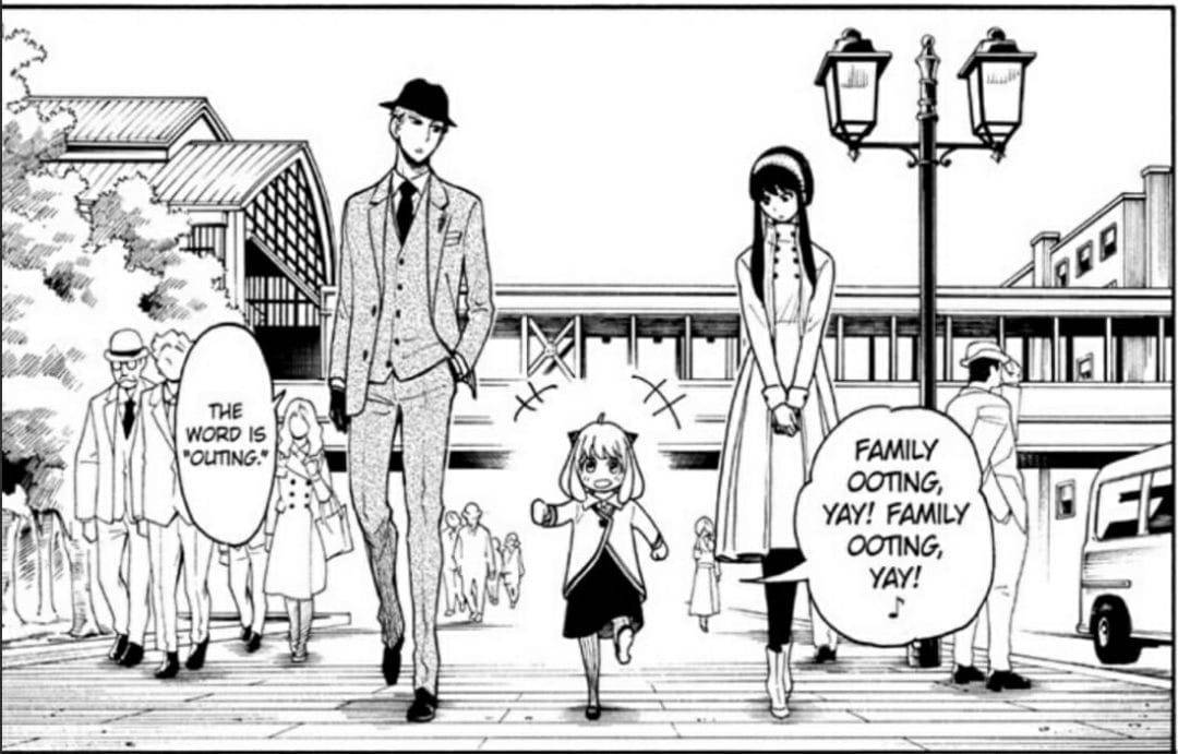 Panel from Spy x Family featuring a man in a suit an dhat, a woman in a white dress, and a child in a cardigan and skirt. Text: "Family ooting, yay! Family ooting, yay!" "The word is 'outing'."