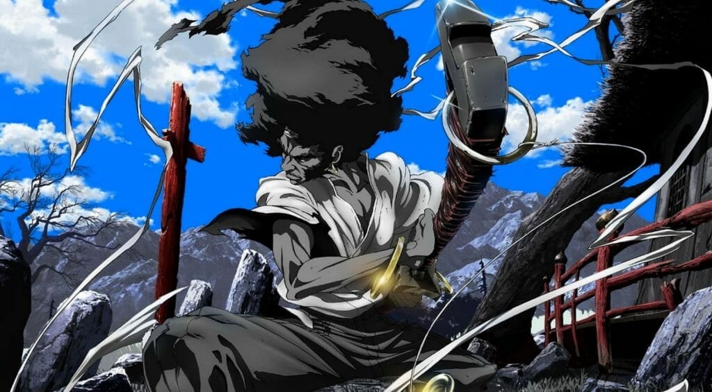 Promotional image for Afro Samurai, showing the main character about to draw his sword