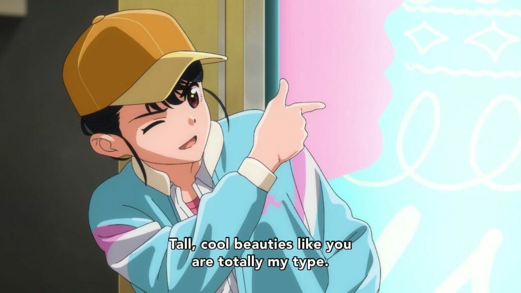 A boy doing finger guns in front of a glowing screen the color of the transgender pride flag. Subtitle text reads: Tall, cool beauties like you are totally my type.