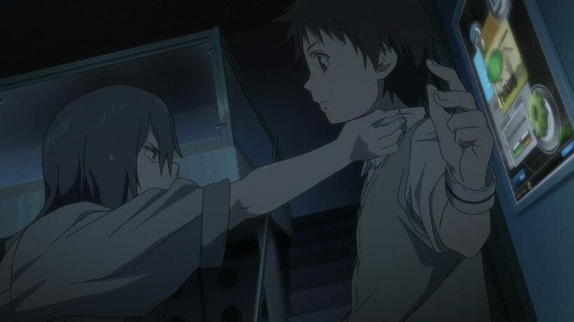 Still from No. 6, depicting a black haired boy holding a blonde boy up by the neck