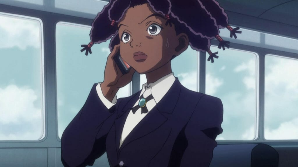 Canary from Hunter x Hunter, on the phone and looking businesslike