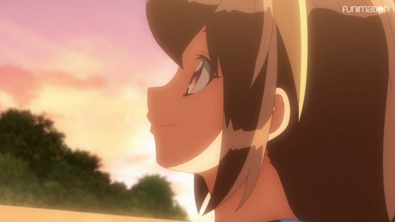 Still from Battle Athletes Victory ReSTART! that depicts a brown-haired woman in profile. She smiles as she looks up toward a pink and orange sky.