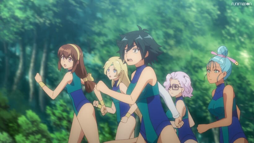 Still from Battle Athletes Victory ReSTART! that depicts five women in leotards running through the forest. They're all gawking at something offscreen.