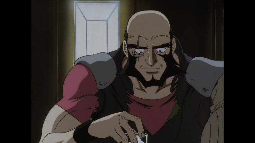 Jet Black from Cowboy Bebop smiles as he sits with a highball glass in his hand.