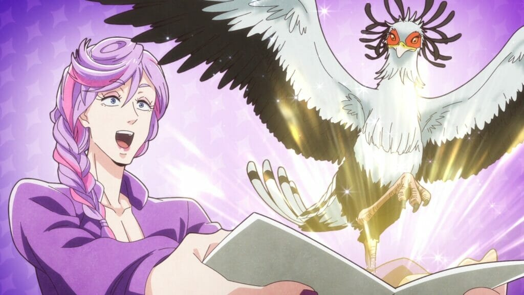 Still from Heaven's Design Team that depicts a woman with purple hair holding a book, which a secretary bird is spring forth from. The woman has an excited smile on her face.