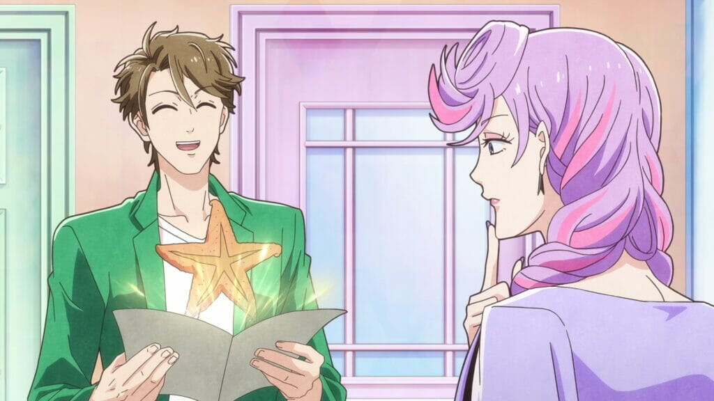Still from Heaven's Design Team that depicts a man in green holding a booklet, which a starfish is rising from. A woman with purple hand looks on, curious.