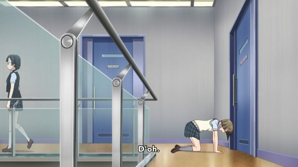 An animated girl fallen forward comically on her hands and knees. Subtitle text reads: D'oh.