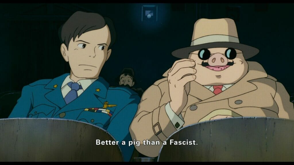 Still from Porco Rosso, which features Porco sitting in a seat as a man looks over. Subtitle text: 
