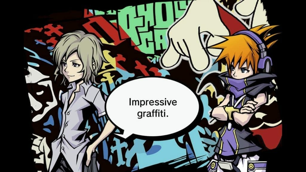 Characters from The World Ends With You posed in front of a wall of vibrant street art. A speech bubble reads "Impressive graffitti"