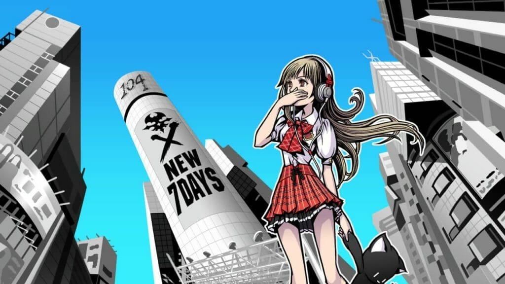 A girl in a red and white dress set against a bright blue sky and a tower that says "New 7 Days"