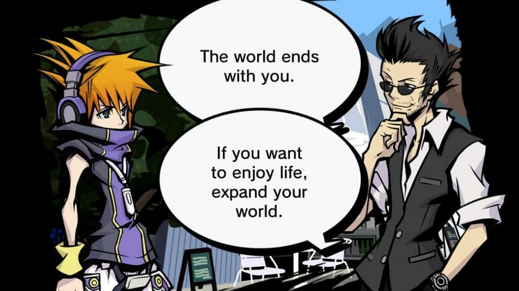 Two characters posed in front of a cityscape. Two speech bubbles read: "The world ends with you." "If you want to enjoy life, expand your world."