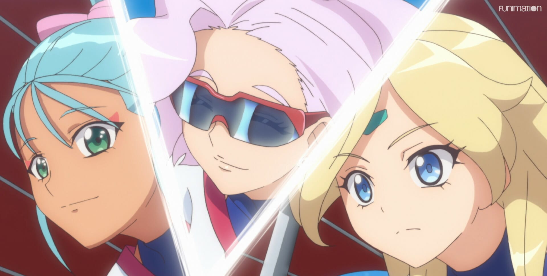 Still from Battle Athletes Victory ReSTART! that features close-ups of an aqua-haired woman, a blonde woman with a blue marking on her face, and a lavender-haired woman wearing sunglasses.