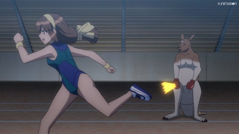 Image from Battle Athletes Victory ReSTART that features a brown-haired woman in a leotard running on a track. A kangaroo holding a glowing paper fan stands in the background.