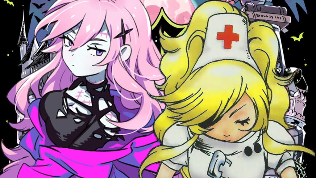 Character art from Devil's Candy, depicting two monster girls, one with pink hair and pale grey skin, the other in a nurse costume