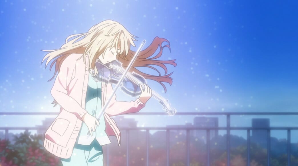 Screenshot from Your Lie In April, that depicts Kaori Miyazono tearfully playing the violin