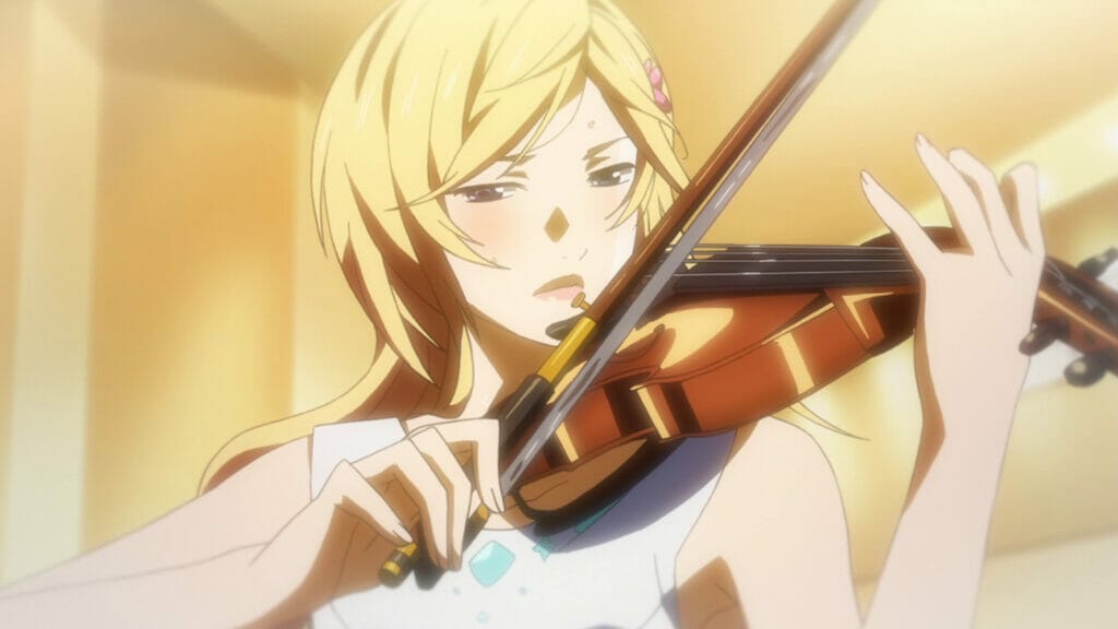 A blonde woman plays a violin, her face visibly deep in thought.