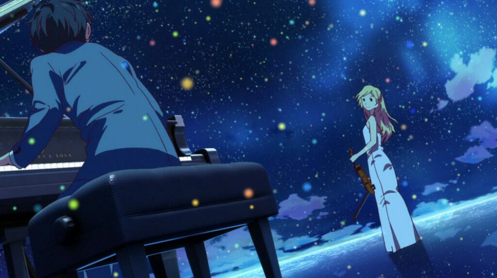 A man in a grey suit plays the piano, as he looks toward a blonde woman clad in white holding a violin. The two stand before an open night sky.