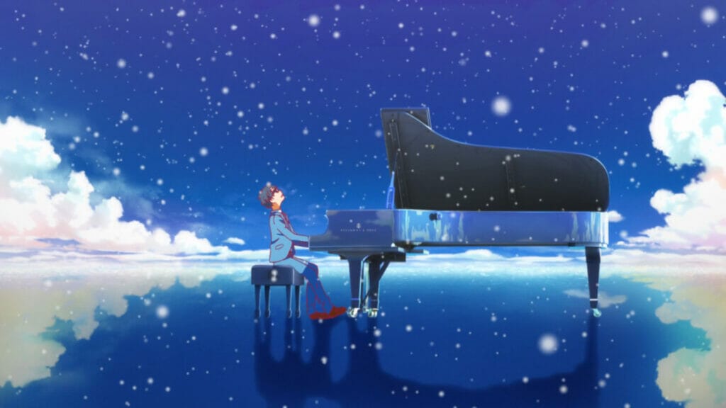 A wide-angle shot of a man in a blue suit playing the piano. The starry sky above is reflected beneath them, as flecks of light obscure the lens.