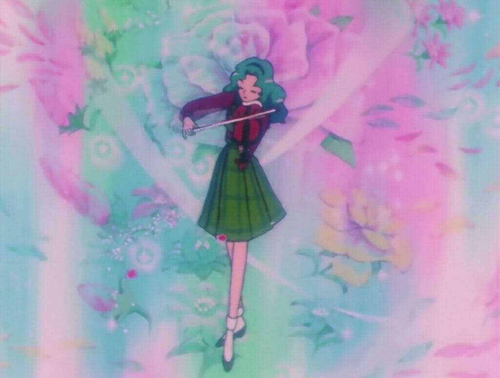 Michuru seen through Usagi's eyes, playing the violin against a pastel floral background