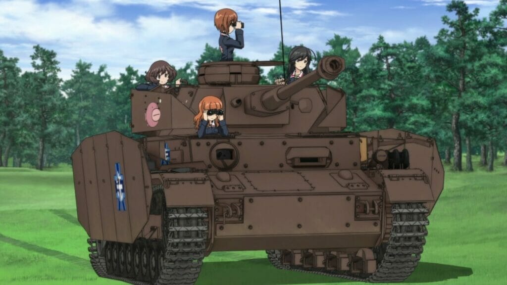 A military tank carrying four girls 