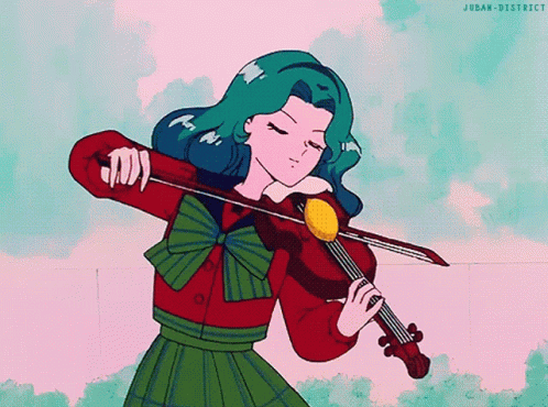 An animated gif of a well-dressed girl playing the violin, a lemon bouncing off the surface and between the bow as she moves it
