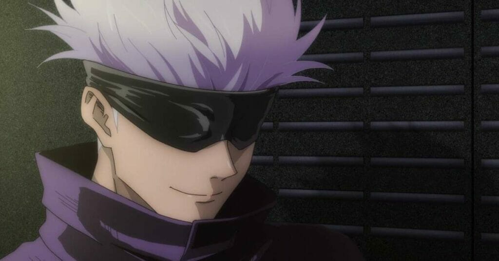 Still from Jujutsu Kaisen featuring a blindfolded man with white, spiky hair.