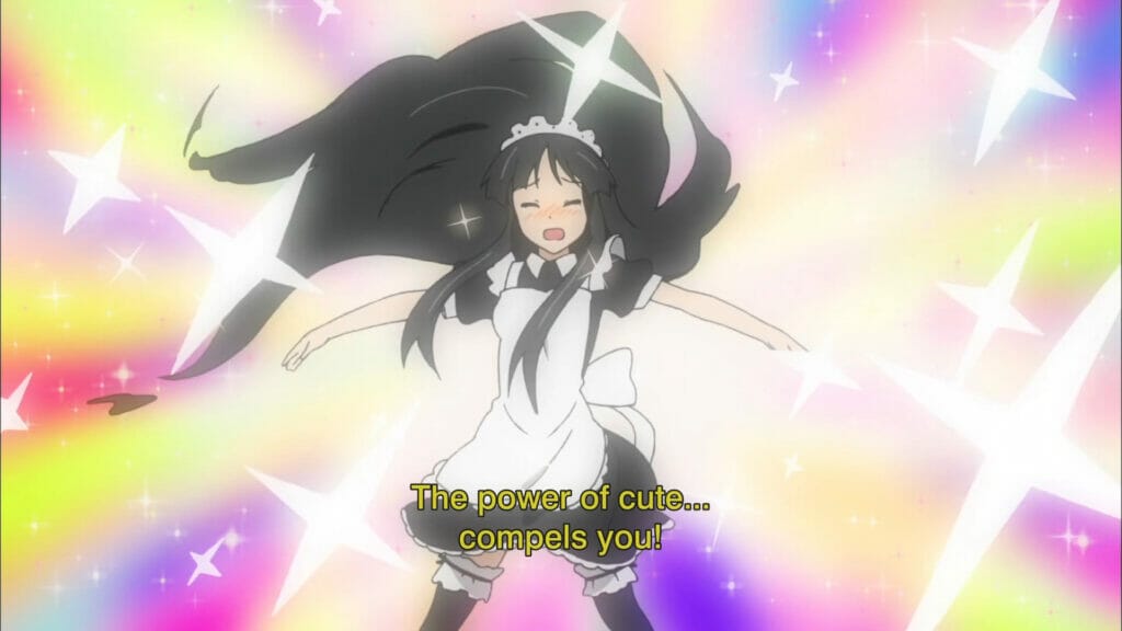 Mio from K-On! doing her best to pose in a maid costume, against a sparkly backdrop. Subtitle text reads: The power of cute compels you!