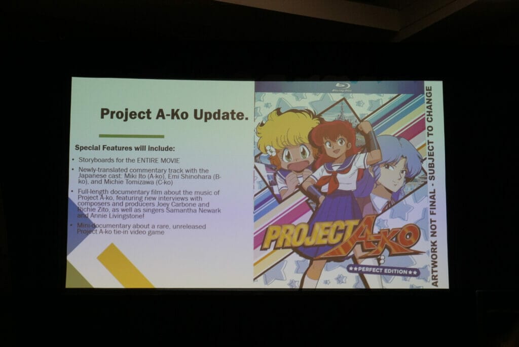 Photo of a PowerPoint slide detailing the Discotek Media release of Project A-Ko.