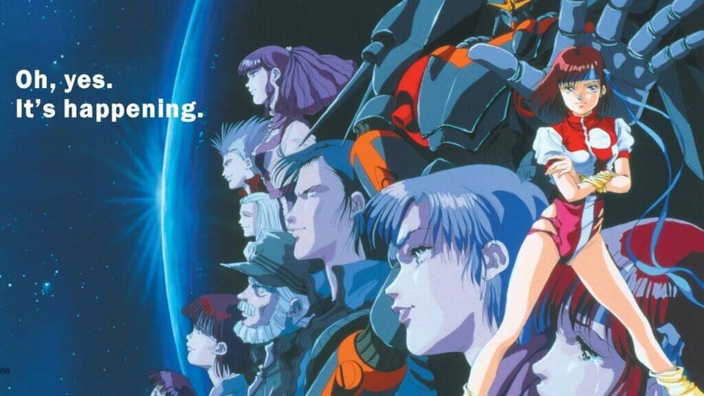 Image promoting Discotek Media's license of Gunbuster, featuring a woman in a red and white uniform, standing against a sea of people and a giant robot, bathed ina  blue light. Text: "Oh, yes. It's happening."