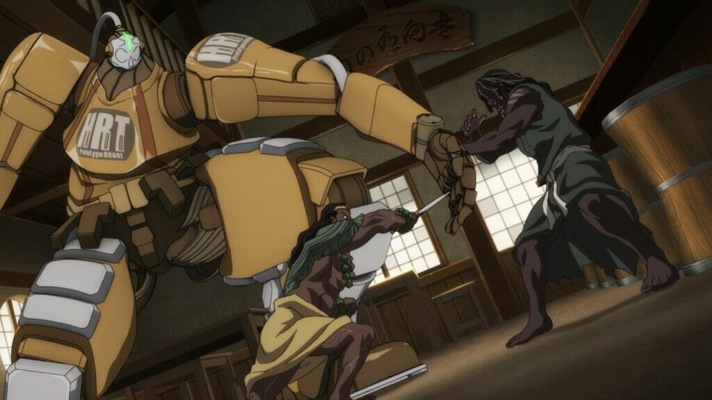 Two swordsmen clash in combat, as a massive yellow robot intervenes.