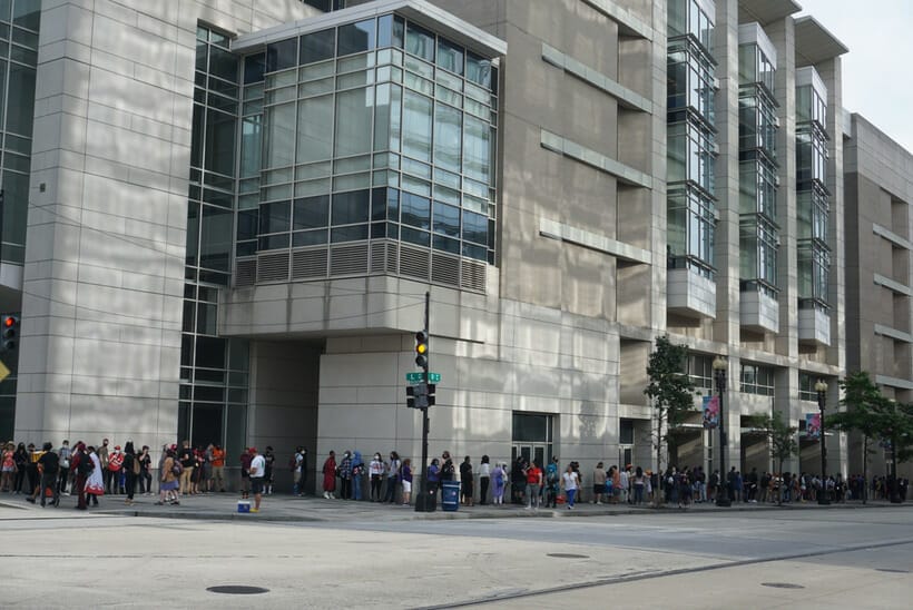 Photo of a line stretching around the perimeter of the Walter E. Washington Convention Center