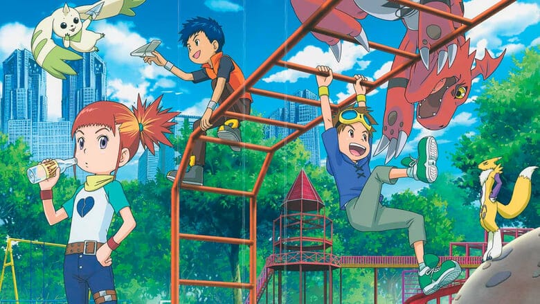 A promotional magazine spread for Digimon Tamers showing the cast and their monsters playing on a playground