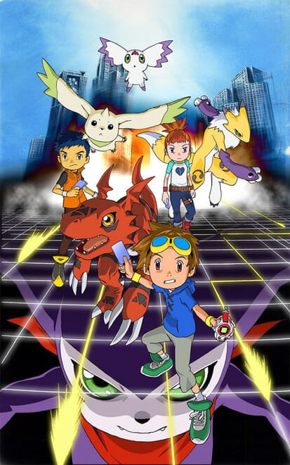 Promotional poster for Digimon Tamers featuring the characters against a digital grid background