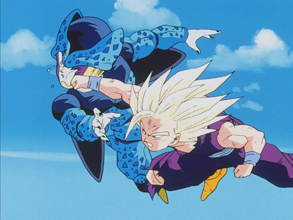 Screenshot from Dragon Ball Z, which features Gohan punching Cell in the face.