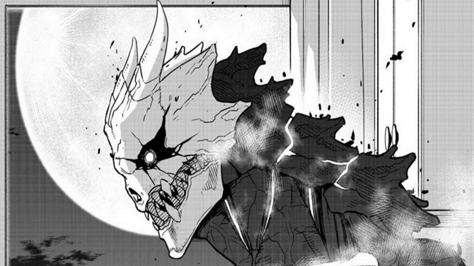 Manga panel from Kaiju No. 8 tha features a monstrous kaiju with a bony face.