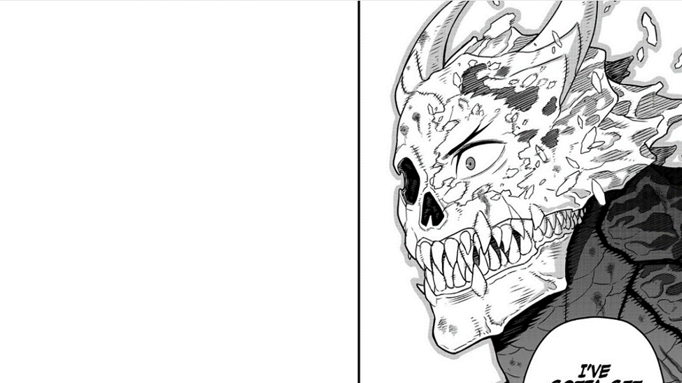 Manga panel from Kaiju No. 8 that features a man whose face is transforming into that of a monstrous kaiju