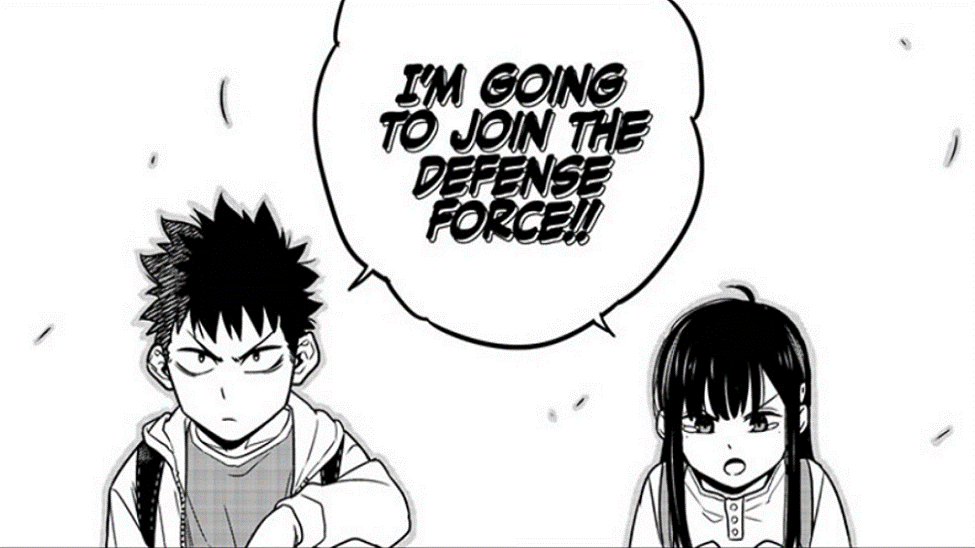 Manga panel from Kaiju No. 8 that depicts a boy and a girl, wearing determined expressions. Text bubble (both): "I'm going to join the defense force!"