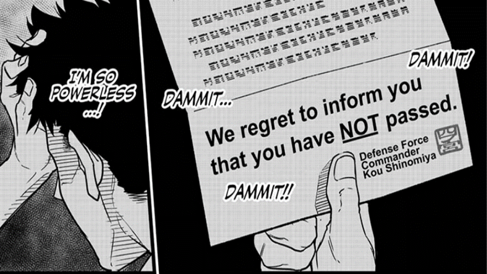 Manga panel from Kaiju No. 8 that depicts a man fretting over a letter. Text: "Dammit, dammit! I'm so powerless!" Letter: "We regret to inform you that you have NOT passed."
