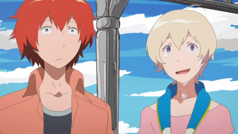 Closeup shot of two boys against a bright blue sky, one looking concerned, one smiling wryly