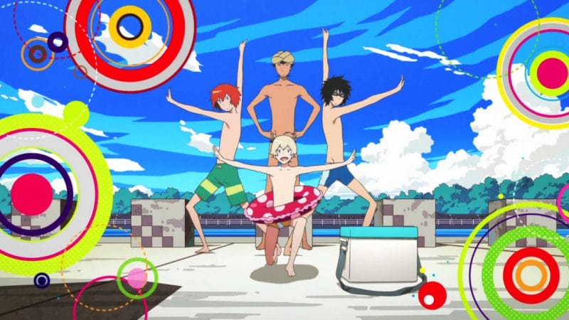 Promo shot of Tsuritama, showing the cast posing in front of a bright blue sky surrounded by loops of color