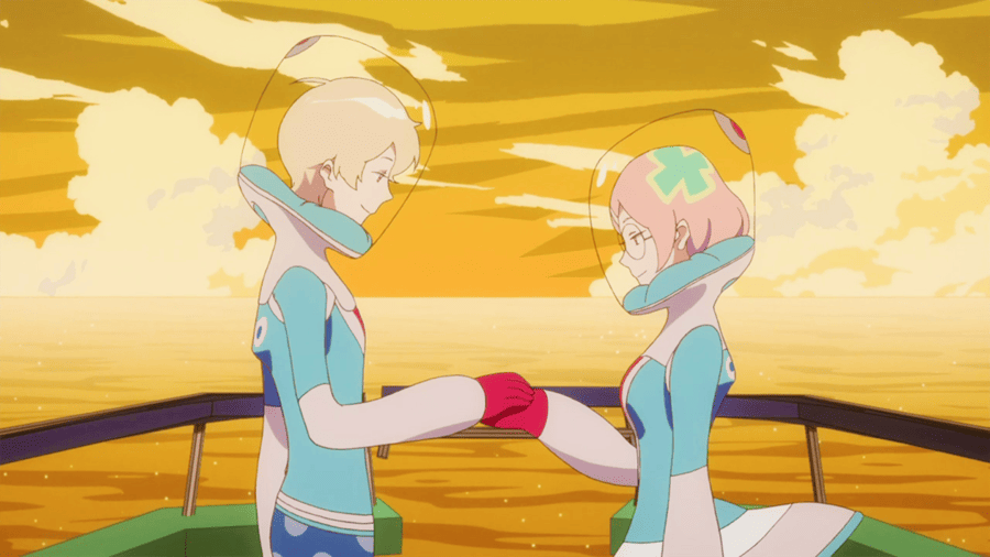 Two figures in cartoony space suits shaking hands in front of a sunset