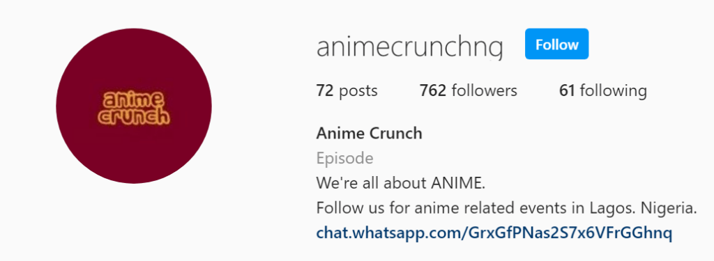 Instagram profile header for Nigerian channel Anime Crunch